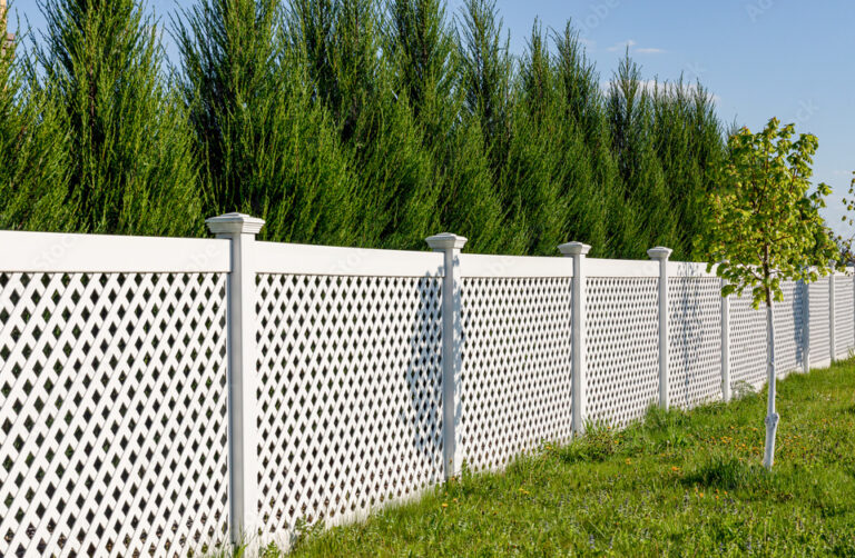 White vinyl fence in a cottage village. Several panels are connected by columns. Tall Thuja bushes behind the fence. Fencing of private property.